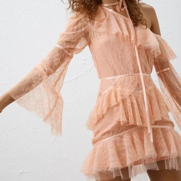 Alice McCall Shadow Love Lace Ruffle Mini Dress | Blush Pink Off Shoulder | Sz 6 - Picture 2 of 10